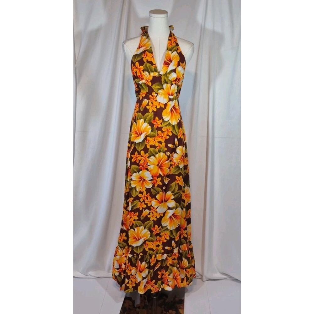 Vintage Hawaiian Cotton Orange Retro Green Floral Halter Maxi Dress US 8 10